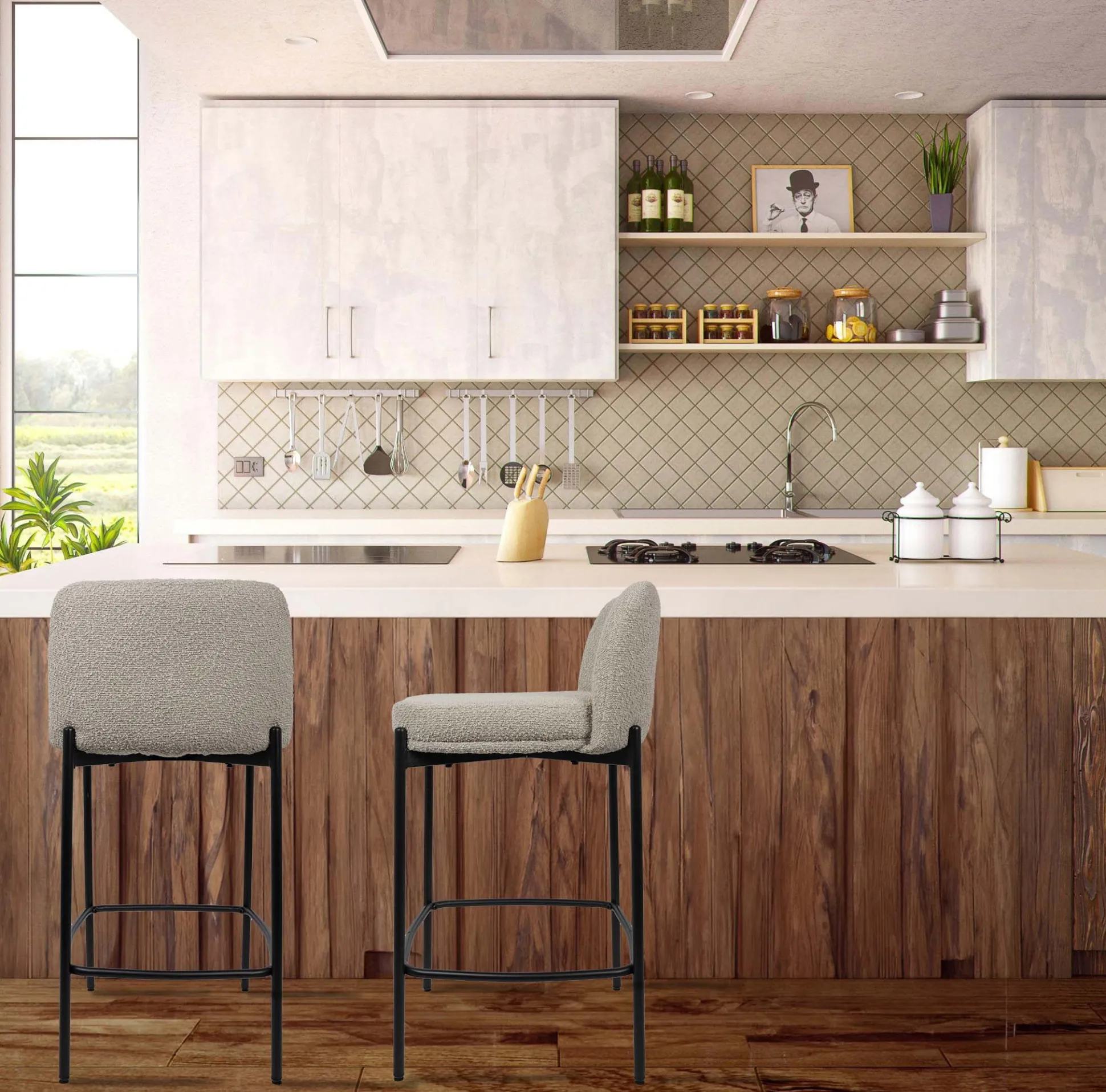 Barkruk Lylou Zand Stof – Set van 2