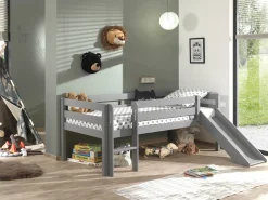 Halfhoogslaper Charlie Grijs Grenen 90×200 cm – Met ladder en glijbaan