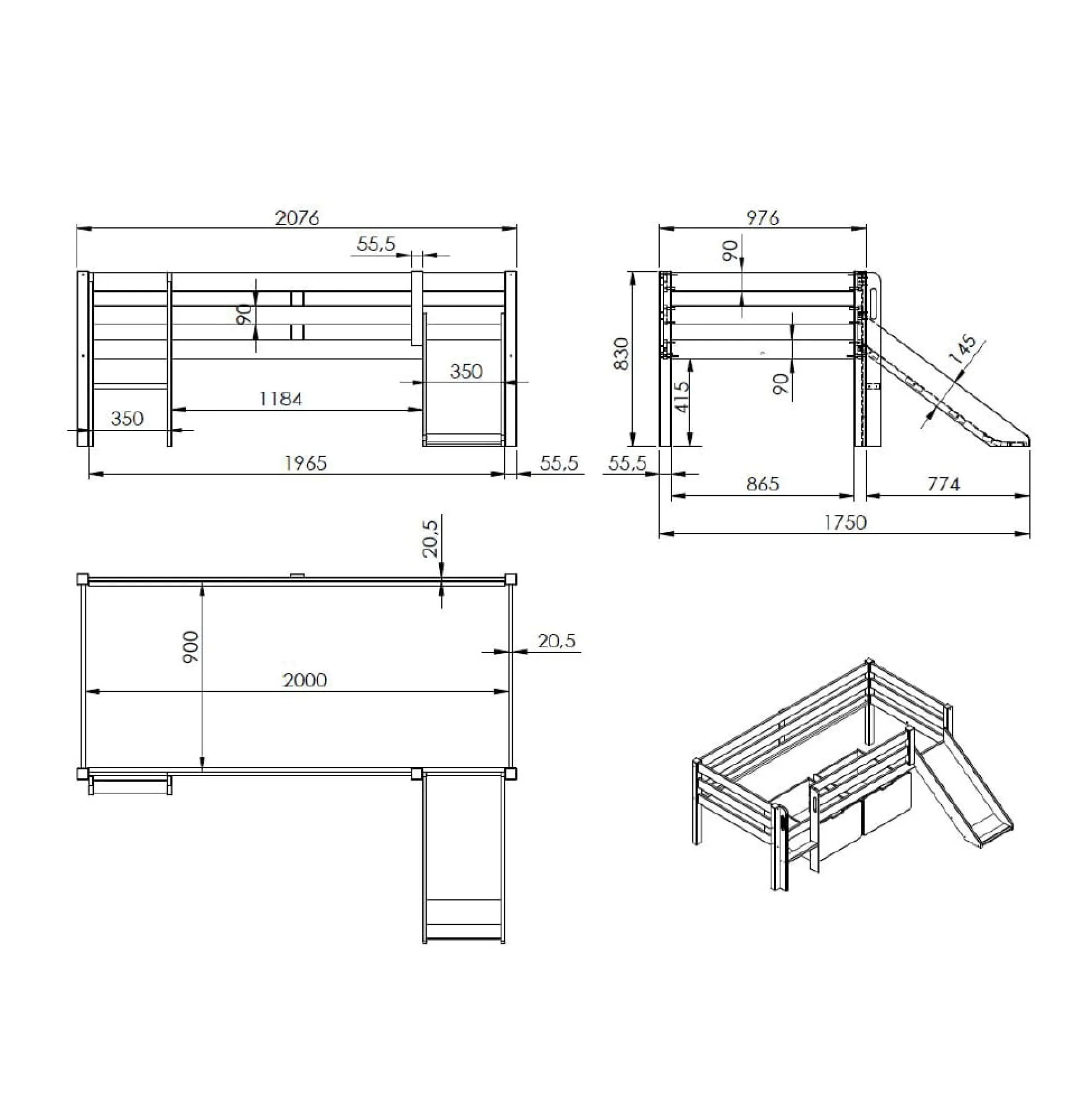 Halfhoogslaper Charlie Grijs Grenen 90×200 cm – Met ladder en glijbaan