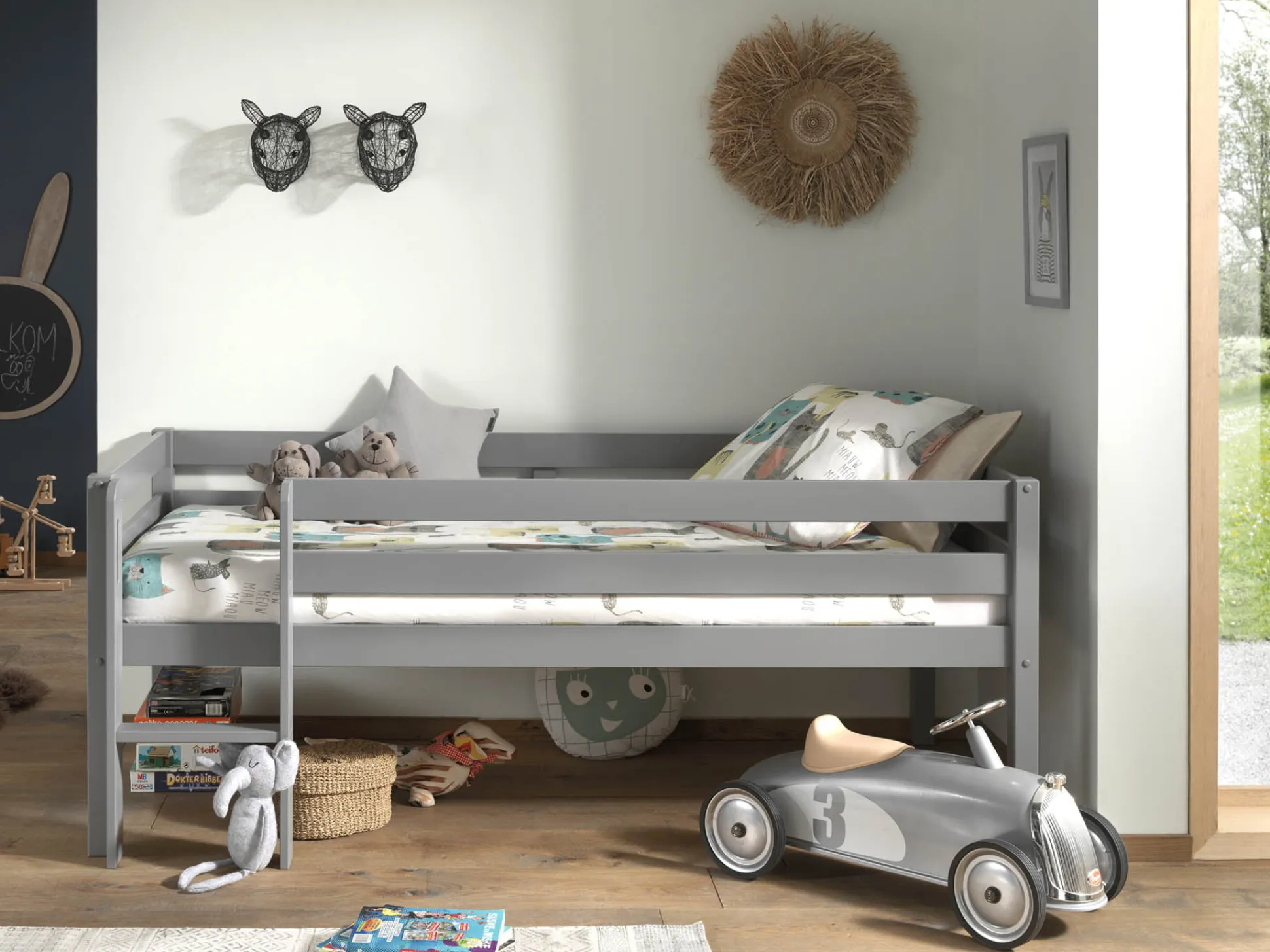 Halfhoogslaper Charlie Grijs Grenen 90×200 cm – Met ladder