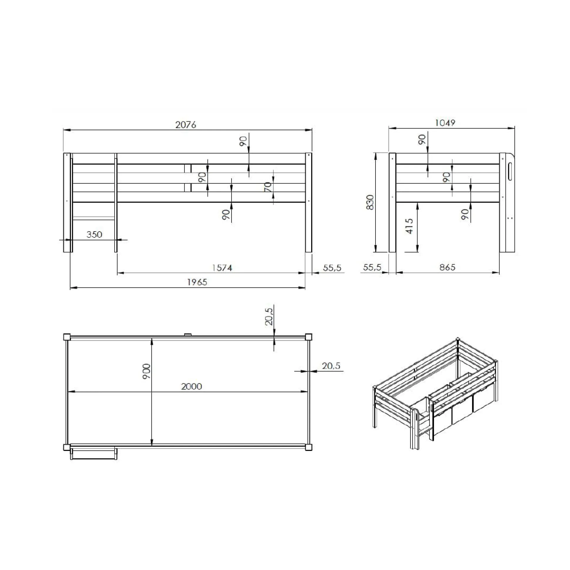 Halfhoogslaper Charlie Grijs Grenen 90×200 cm – Met ladder