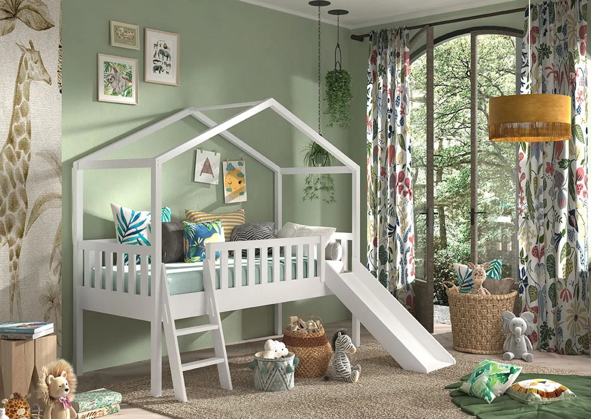 Huisbed Bibi Grenen Wit 90×200 cm – Met ladder en glijbaan