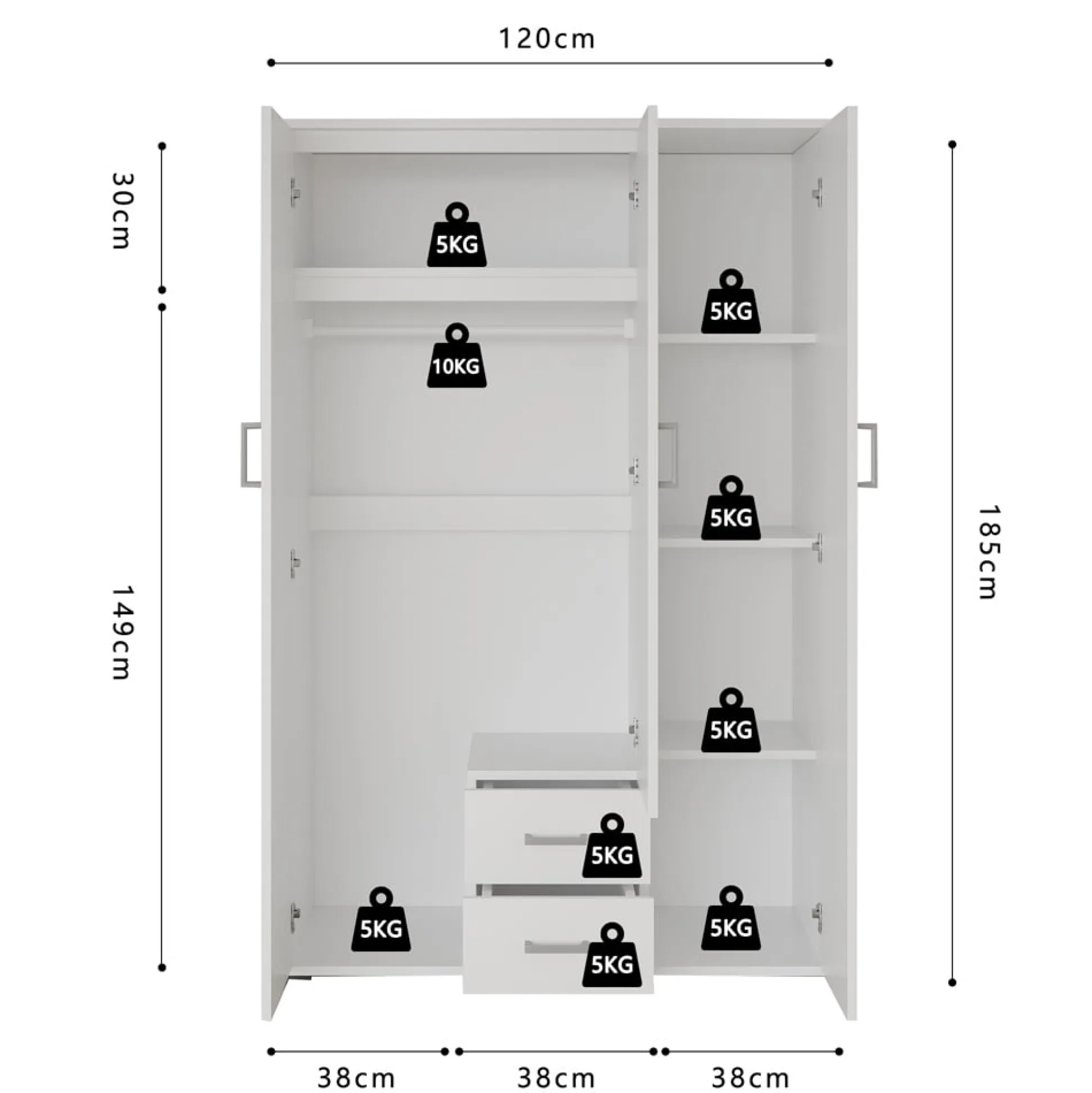 Kledingkast Jean 3-deurs Wit – Spiegel