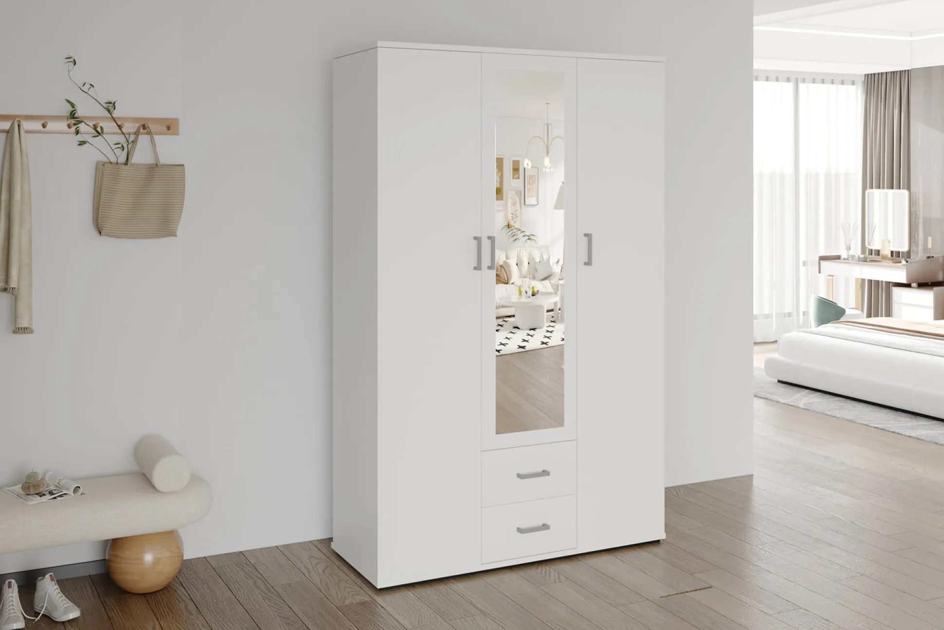 Kledingkast Jean 3-deurs Wit – Spiegel