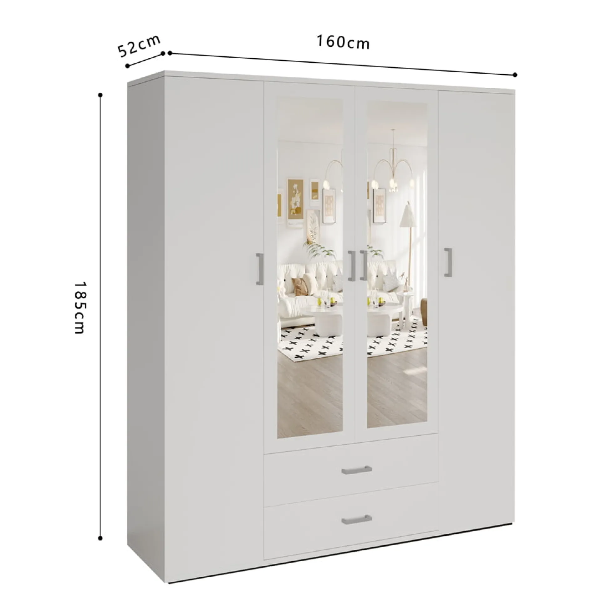 Kledingkast Jean 4-deurs Wit – Spiegel