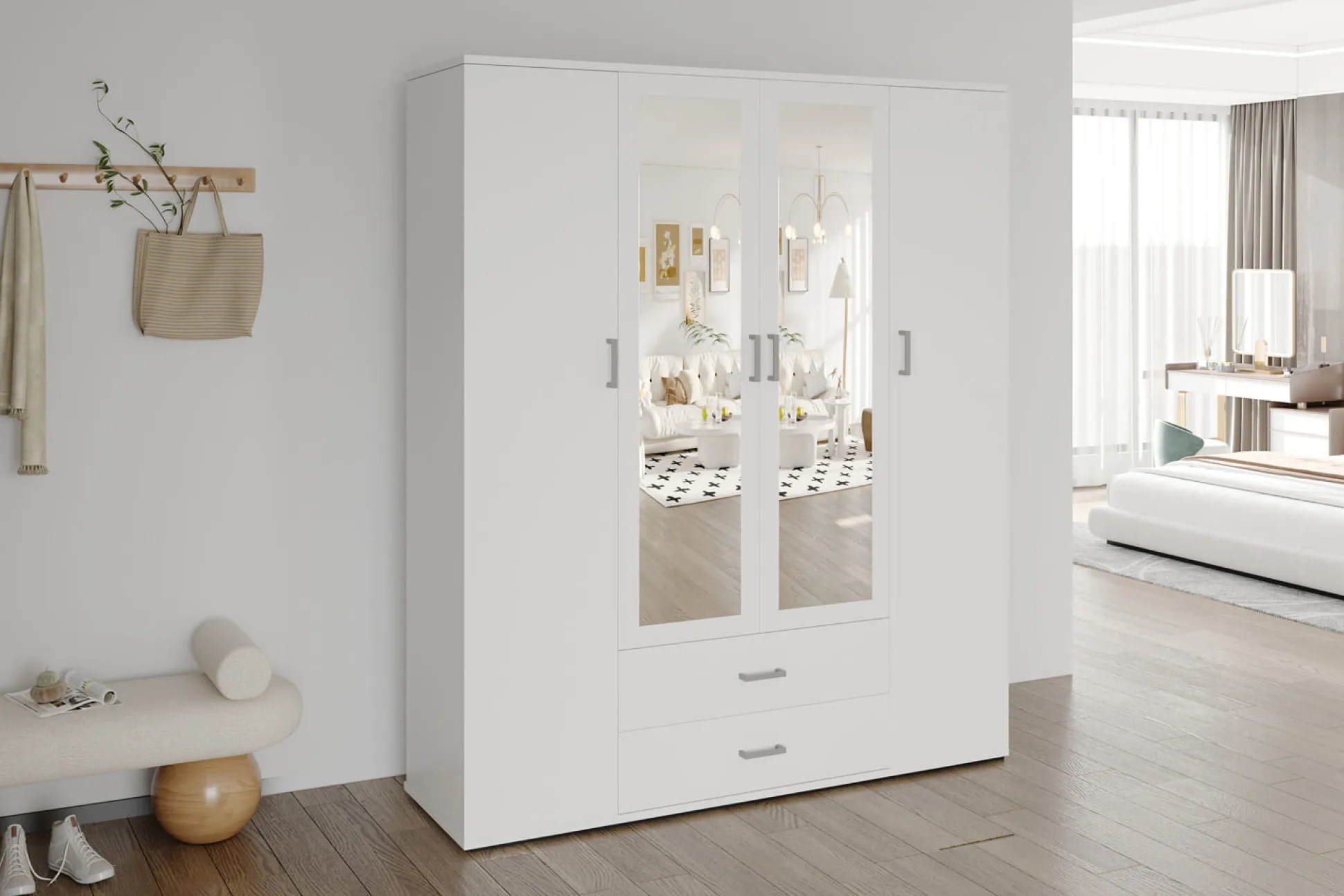 Kledingkast Jean 4-deurs Wit – Spiegel