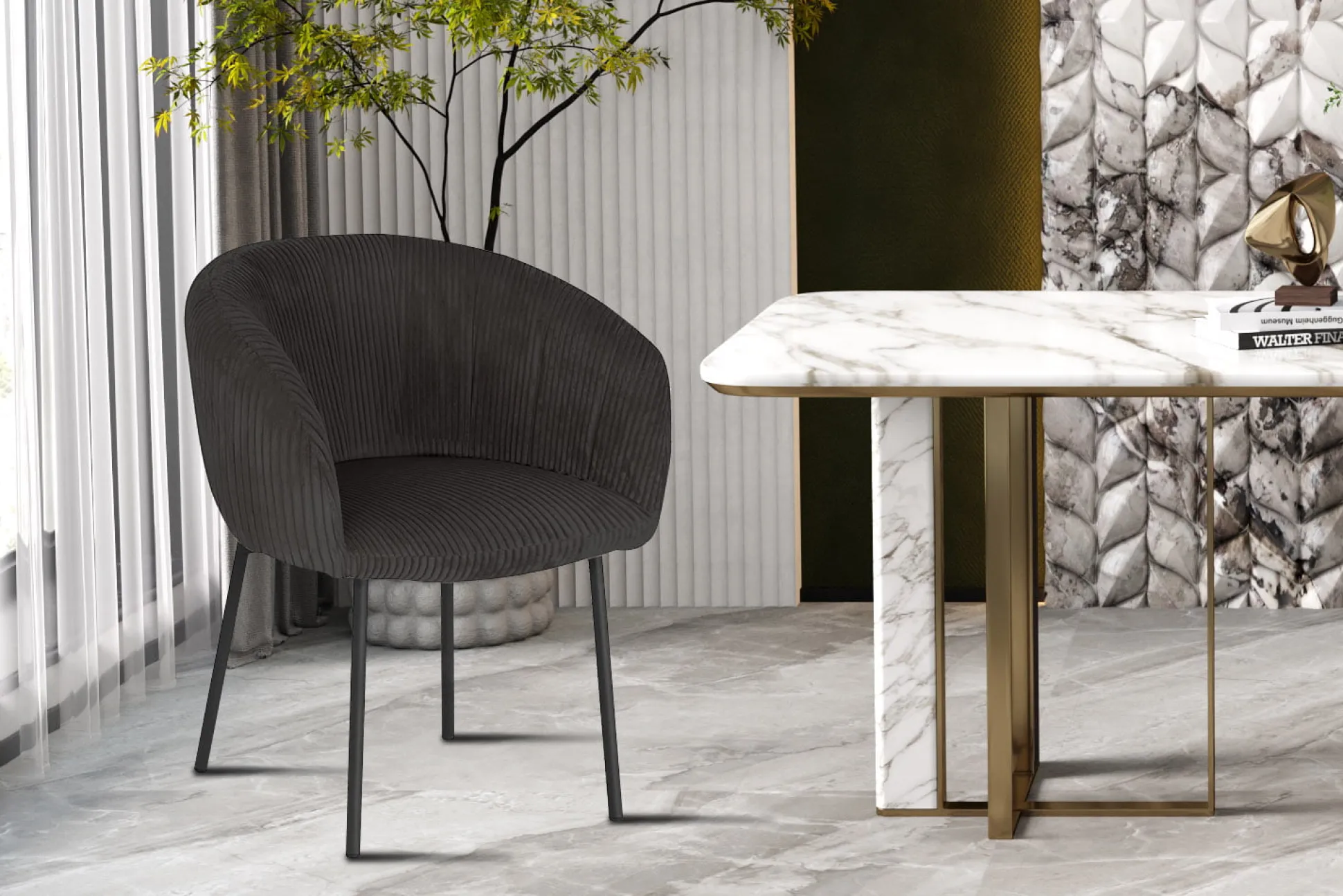 Stoel Pia Grijs Ribstof – Set van 2